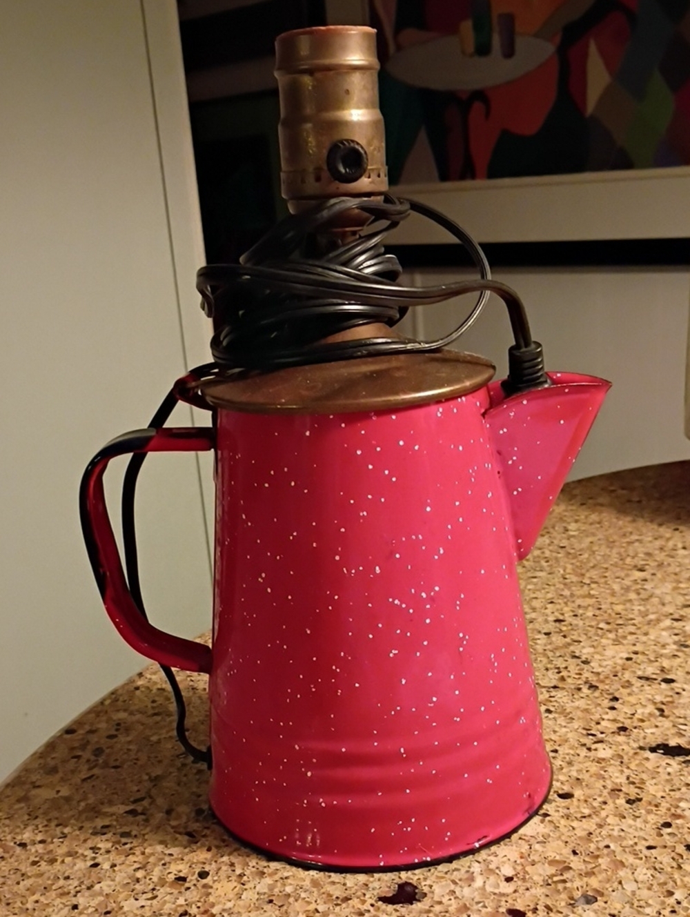 Vintage Enamelware Red Granitwear Coffee Pot Lamp - Decorative Accent